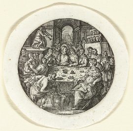 A massive dated Amsterdam Delftware plaque with "The wedding at Cana", ca. 1743